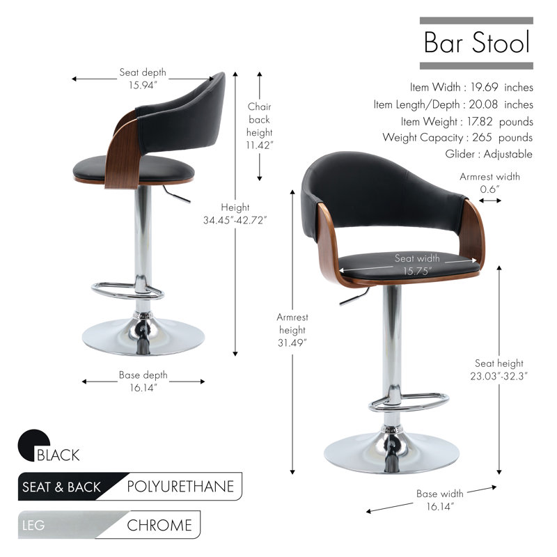 Claireville Height Adjustable Swivel Faux Leather Mid-Century Bar Stool, Black