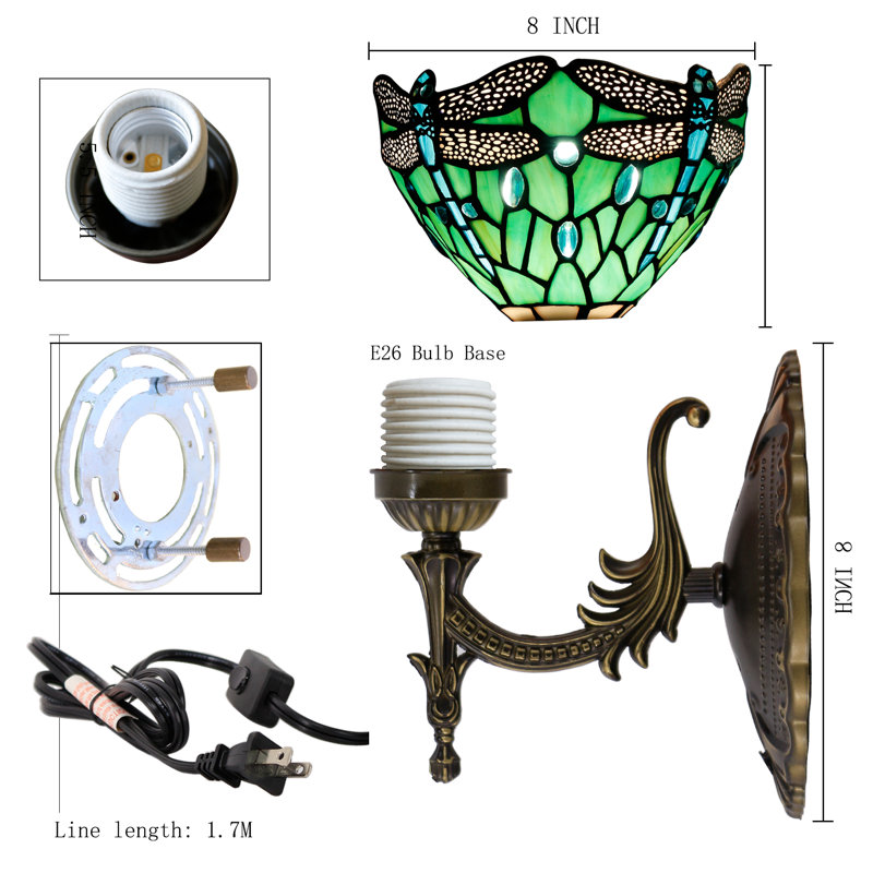 Tiffany Wall Sconce Lamp Stained Glass 8X10.5X11 Inch Plug in Wall Bedside Light for Hallway Bedroom (Green Dragonfly Style)