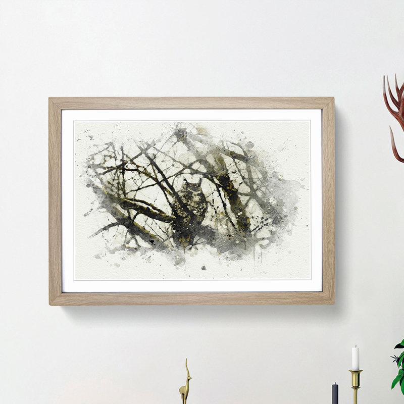 Great Horned Owl Resting in Abstract - Picture Frame Graphic Art Print, 27cm H x 36cm W x 2cm D, Oak Framed