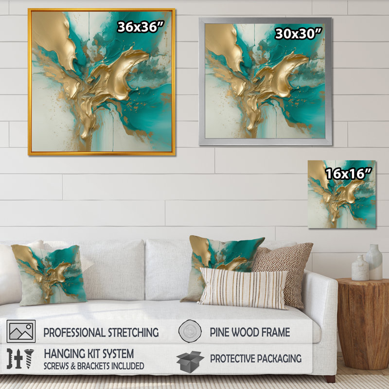 Marbre doré et turquoise Fuild Ink II - impression abstraite sur toile marbrée, H 24 po x l 24 po x P 1 po