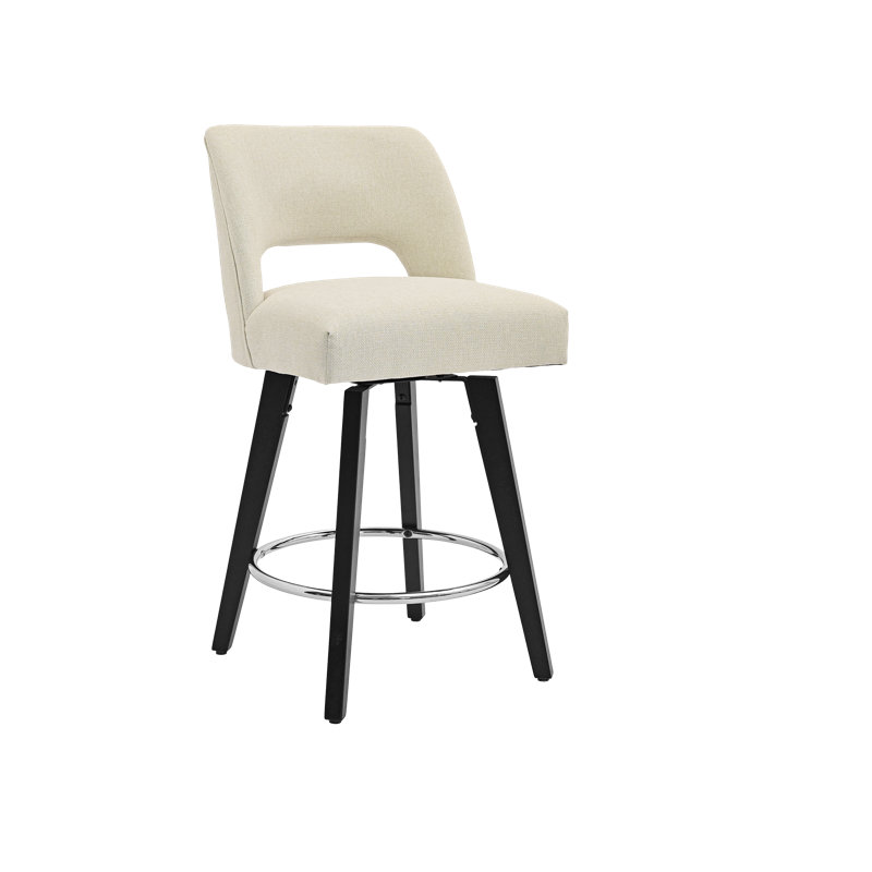 Tabourets de bar pivotants de 67 cm (26,4 po) – Revêtement aspect lin, pieds en bois massif noir, dossier ouvert pour îlot de cuisine