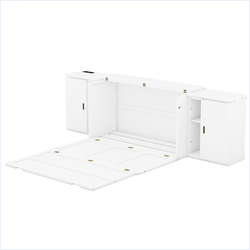 Lit escamotable avec tablettes, armoires et ports USB, Blanc, Grand lit