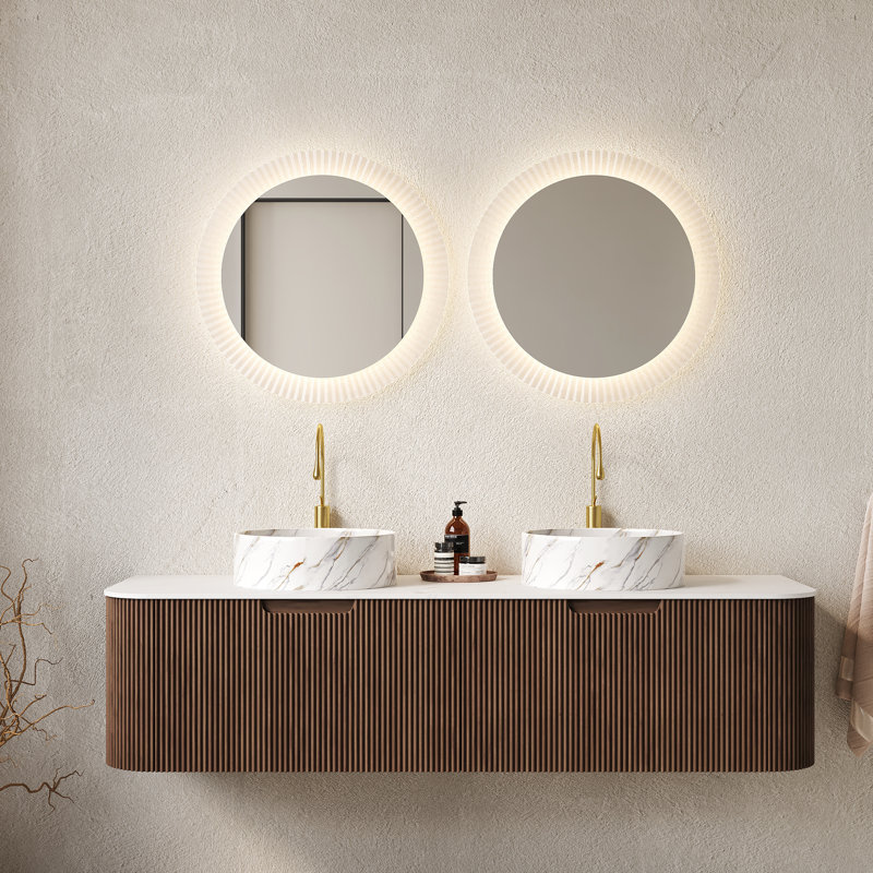 30" Bathroom Vanity With Sink, White Round Ceramic Basin, 3D Striped Finish, Pre-Assembled, Countertop, Plywood, Dark Walnut