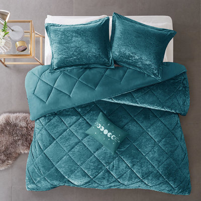 Édredon double / grand en velours bleu sarcelle - rembourré, matelassé à motif de losanges, comprend 2 taies décoratives, 1 coussin décoratif,
