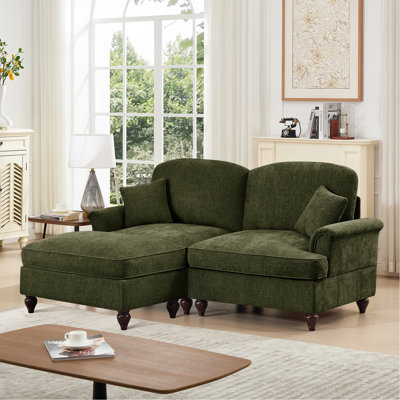 Élégant canapé Mid-Century modulaire à deux places en forme de L avec accoudoirs évasés et volants amovibles, avec jupes plissées et pieds fuselés, canapé-lit en chenille confortable avec repose-pieds mobile, vert
