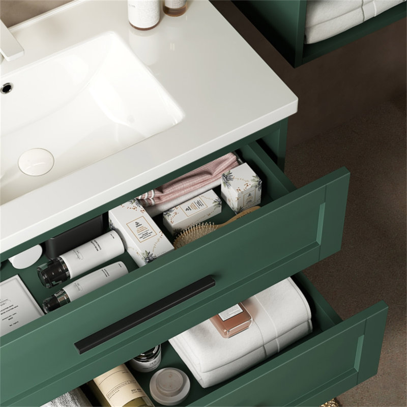 Meuble-lavabo mural moderne avec 2 tiroirs et lavabo en céramique, solution de rangement compacte et durable, 30"
