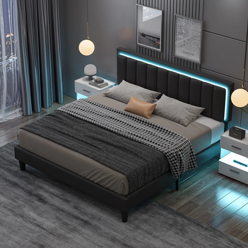 Smart LED Leather Platform Bed with 2-Piece Modern Floating Nightstand Set – 3-Piece Bedroom Suite, Queen