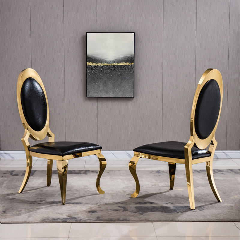 Ensemble de 2 chaises élégantes en similicuir avec dossier ovale et pieds en acier inoxydable, Noir, Doré