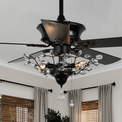 52" Classic Wood Ceiling Fan with Crystal Light Shade, Pull Chain and Remote Control