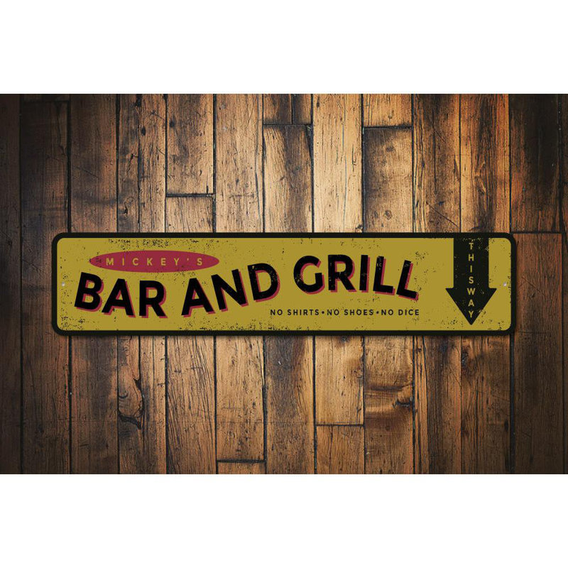 Enseigne de bar et gril en aluminium, H 4 po x l 18 po x P 0,04 po
