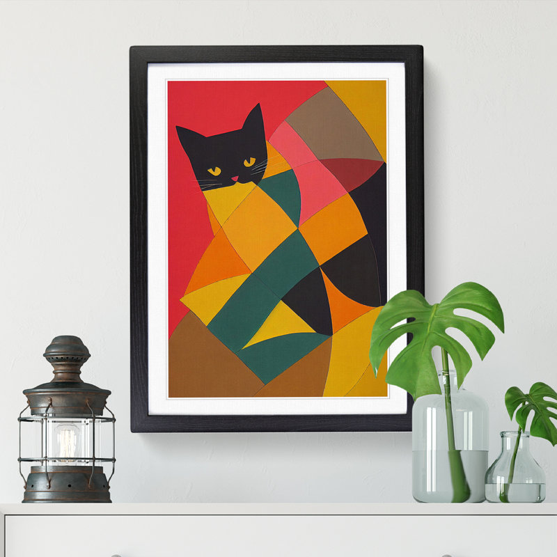 Patchwork Cat - Single Picture Frame Print, 34cm H x 25cm W x 2cm D, Walnut