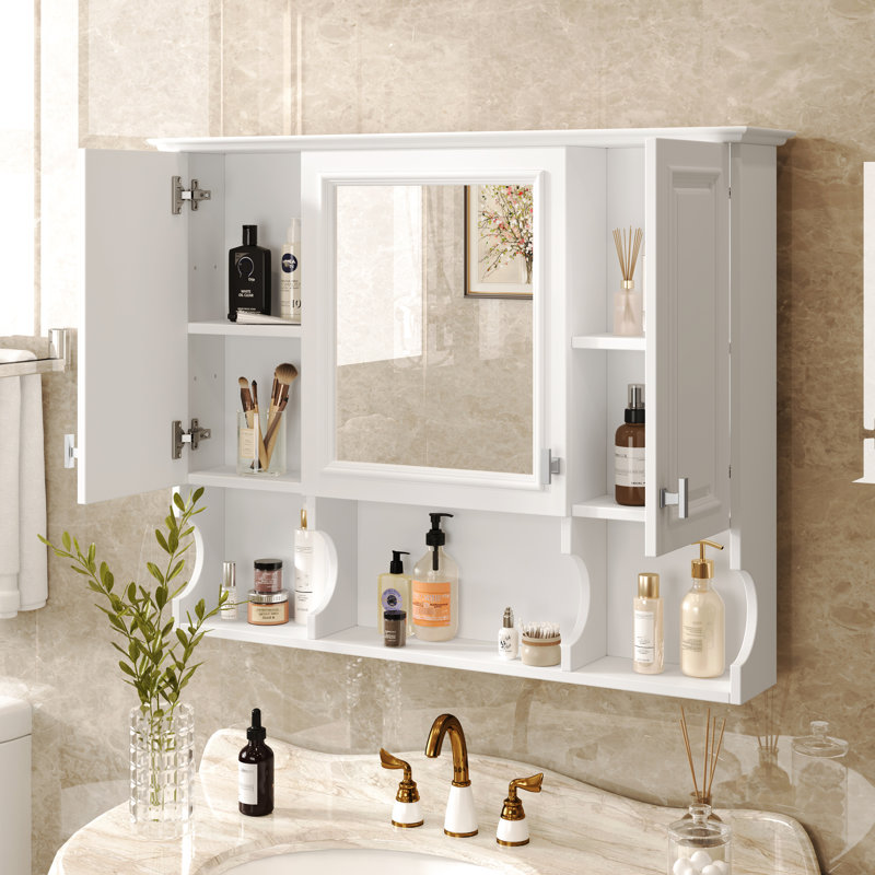 Armoire à miroir murale 35 po x 28 po pour salle de bain, 3 portes, tablettes réglables, verre haute définition, pharmacie de salle de bain de style minimaliste moderne 28 po, peinture aérosol imperméable, maison cachée et ouverte