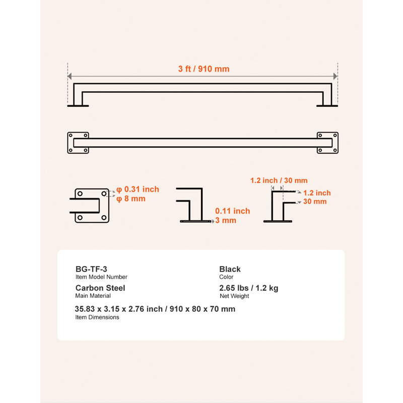 Tube carré carré en fer noir capacité de charge de 3 pi avec capacité de charge de 250 lb, H 2,76 po x l 35,83 po x P 3,15 po