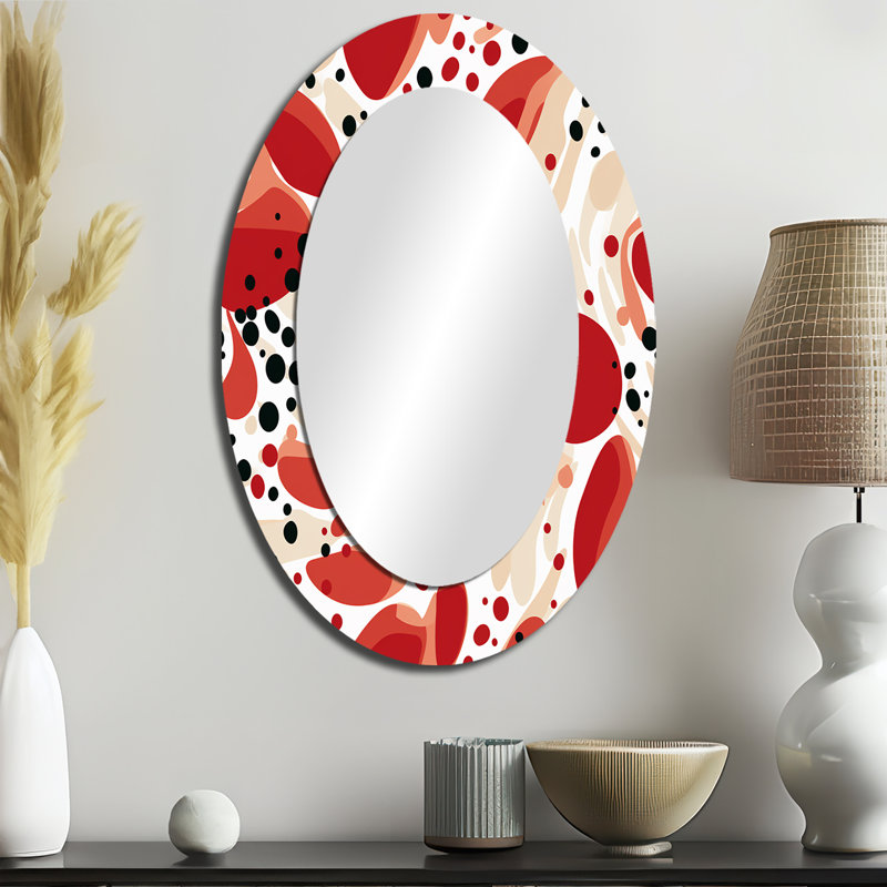 Red And White Polka Dots Pattern - Polka dots  Wall Mirror, Modern Decorative Mirror, Printed Metal Art, 36" H x 24" W, Oval
