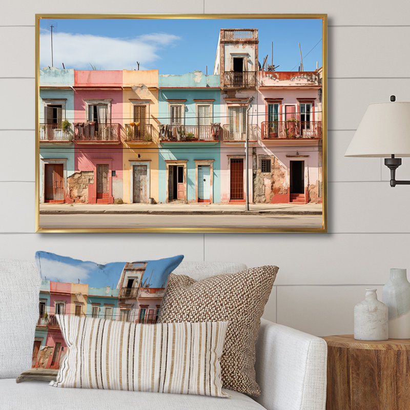 "Colorful Cuba Facades II", reproduction d'art sur toile, 34" H x 44" W, Cadre flottant doré