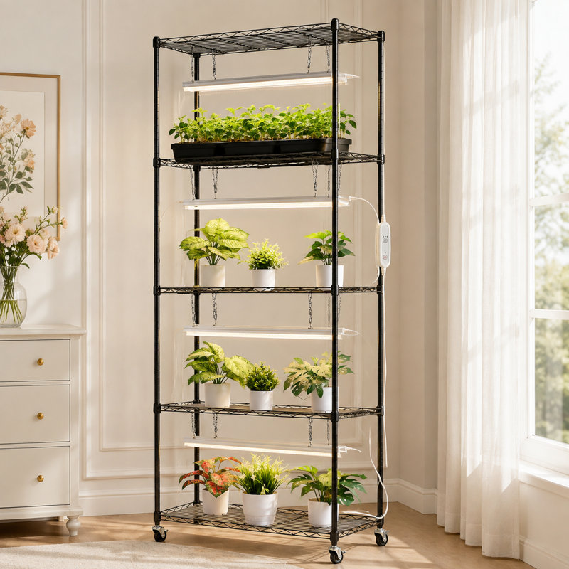 Étagère à plantes à 5 niveaux avec lampe de croissance, support pour plantes d'intérieur de 180 cm de haut avec roulettes et minuterie