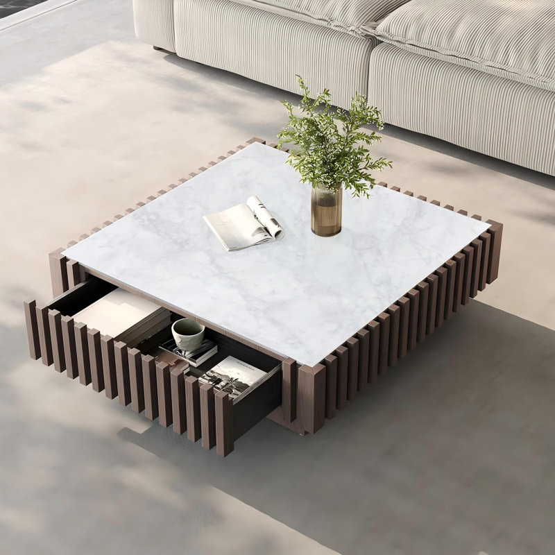 34'' Square Coffee Table, Central Table with 1 Drawer and Vertical Wood Strip Decoration, No Assembly Needed