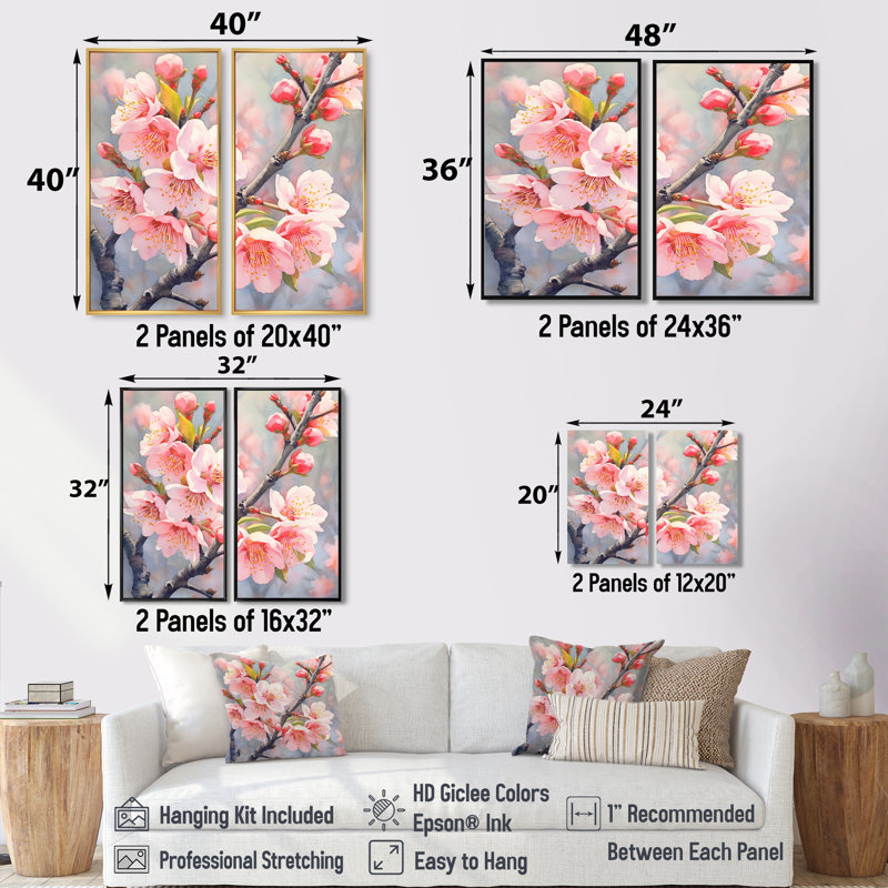 «Peach Blossom Bliss II», art mural traditionnel, Impression encadrée flottante, Noir, H 36 po x l 48 po