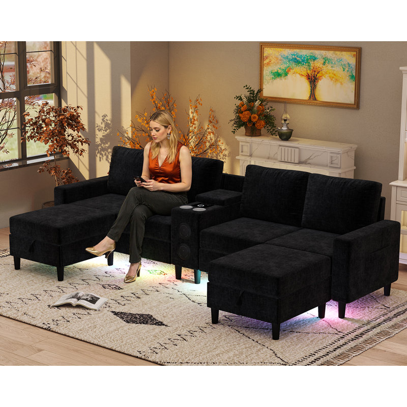 6 Seat U Shaped Chenille Sectional Sofa With Smart Module-Bluetooth Speaker/Rgb Light/Charging Station, Black