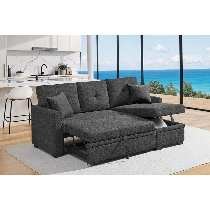 Canapé modulaire 76,5 po en mélange de lin avec lit escamotable et rangement pour chaise longue, Lin noir