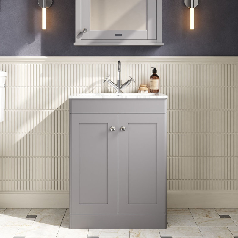 nuie Classique 600mm Satin Grey 2 Door Floor Standing Vanity Unit With 1 Tap Hole Stone Basin, 61 cm W, Satin Grey