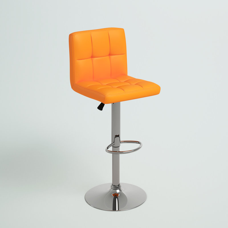 Tabouret de bar contemporain réglable en ajustable en vinyle matelassé avec base en chrome Ahlijah, Orange