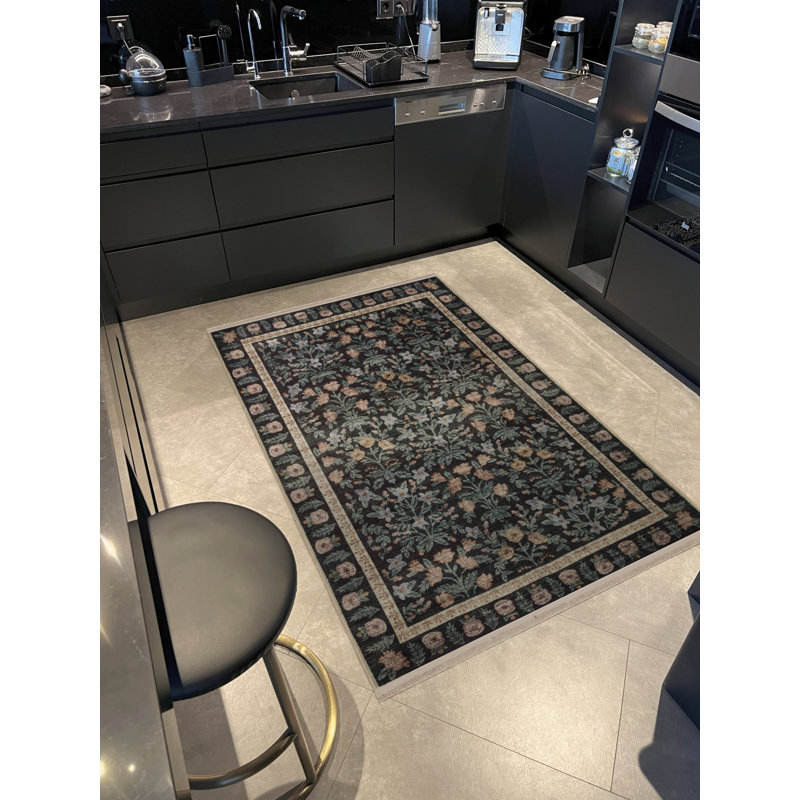 Black Themed Multi-Coloured Mixed Floral Rose Patterned Creative Vintage Decorative Rug, Runner 3'3.37" x 9'10.11"