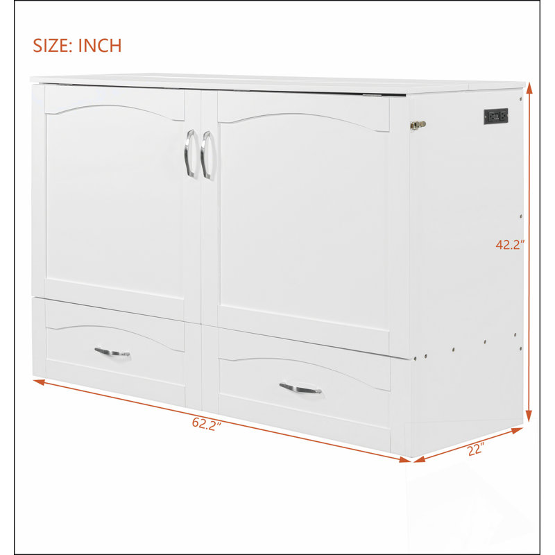 Grand lit escamotable mural avec tiroir et un ensemble de prises et de ports USB, structure à poulie