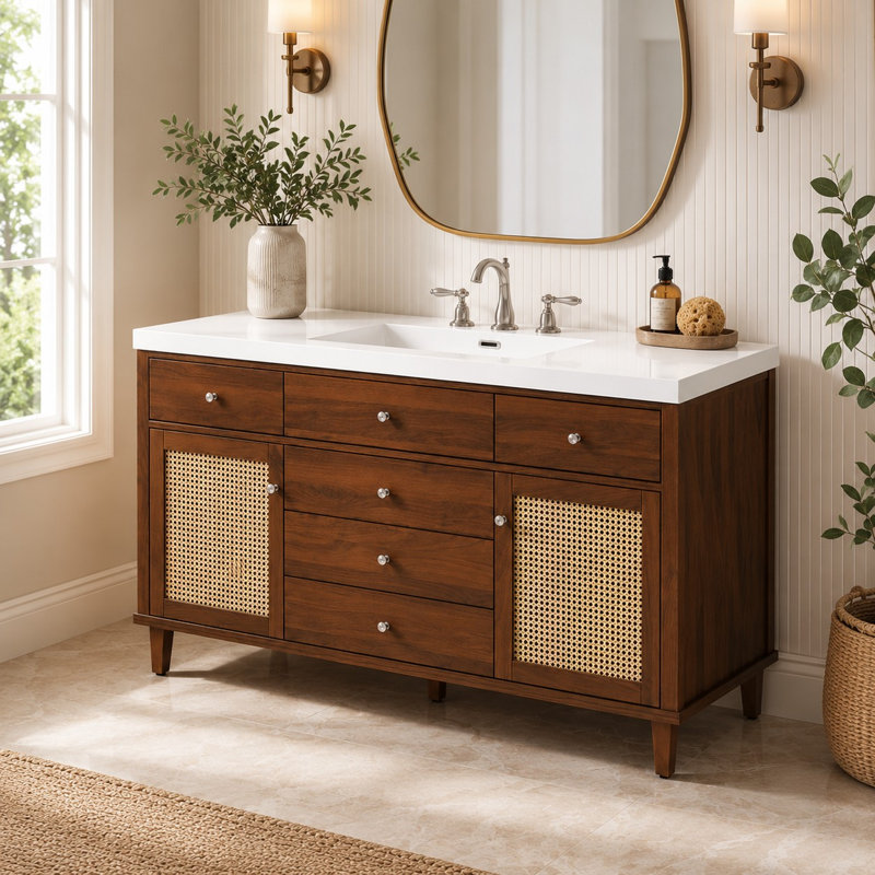 Meuble-lavabo 60 po en noyer avec lavabo SMC, portes en rotin et quincaillerie à fermeture douce