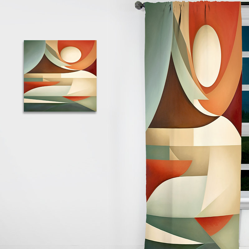 Rideau occultant et abstrait en velours orange et vert avec visions symétriques et formes abstraites, L 52 po x L 63 po