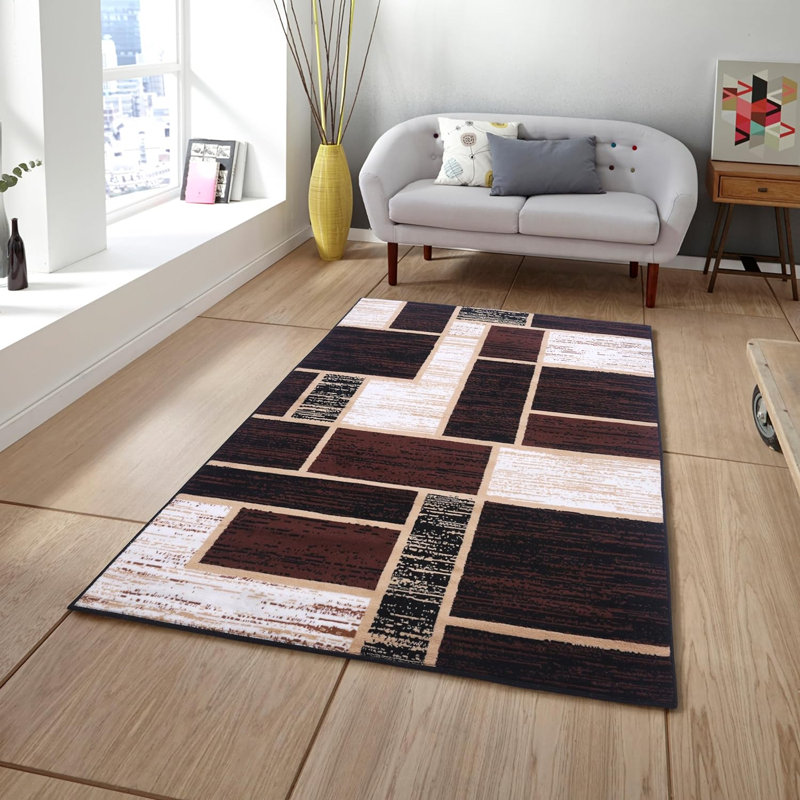 Tapis brun à motif géométrique classique Woven Trends, Blocs, Brun, Tapis de couloir 2 pi x 8 pi