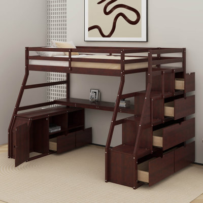 Twin Size Loft Bed With Drawers, Shelves And Desk