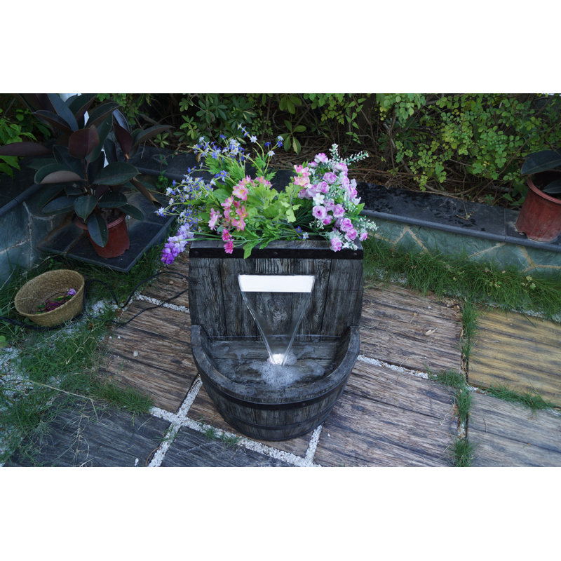 Resin Whiskey Barrel Fountain And Planter with White LED Light