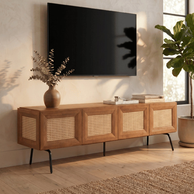  NTC Mossic TV Media Cabinet, Entertainment Center with Natural Rattan, Metal Legs, Modern Storage Console for Living Room and Bedroom, Effortless Assembly