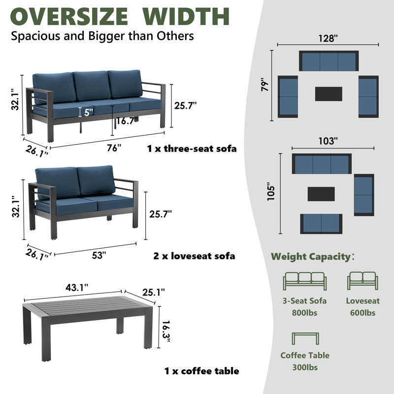 Kassidee 7 - Person Patio Conversation Set with Cushions, Blue, Dark Gray