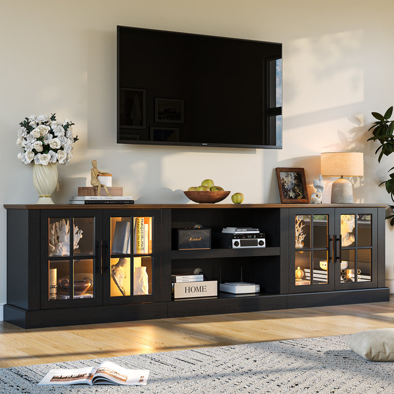 90" Farmhouse TV Stand With LED Light, Glass Cabinet & Open Shelves, Fits Tvs Up To 100", 26.5"H x 90"L x 15"W, Black