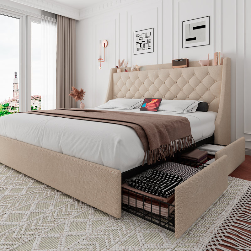 Einhomn Queen Bed Frame With 4 Storage Drawers, Upholstered Platform Bed Frame With Type-c & Usb Ports, Wingback Storage Headboard,beige