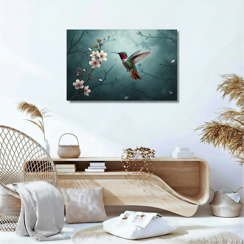 Art mural sur fond colibri planant près de fleurs blanches sur fond bleu sarcelle, 18"H x 24"W