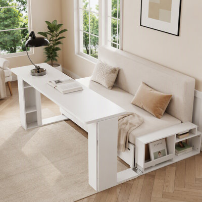 Queen Size Daybed with Removable Desk, Storage Drawers & Hydraulic Side Table, Multifunctional Design for Small Spaces