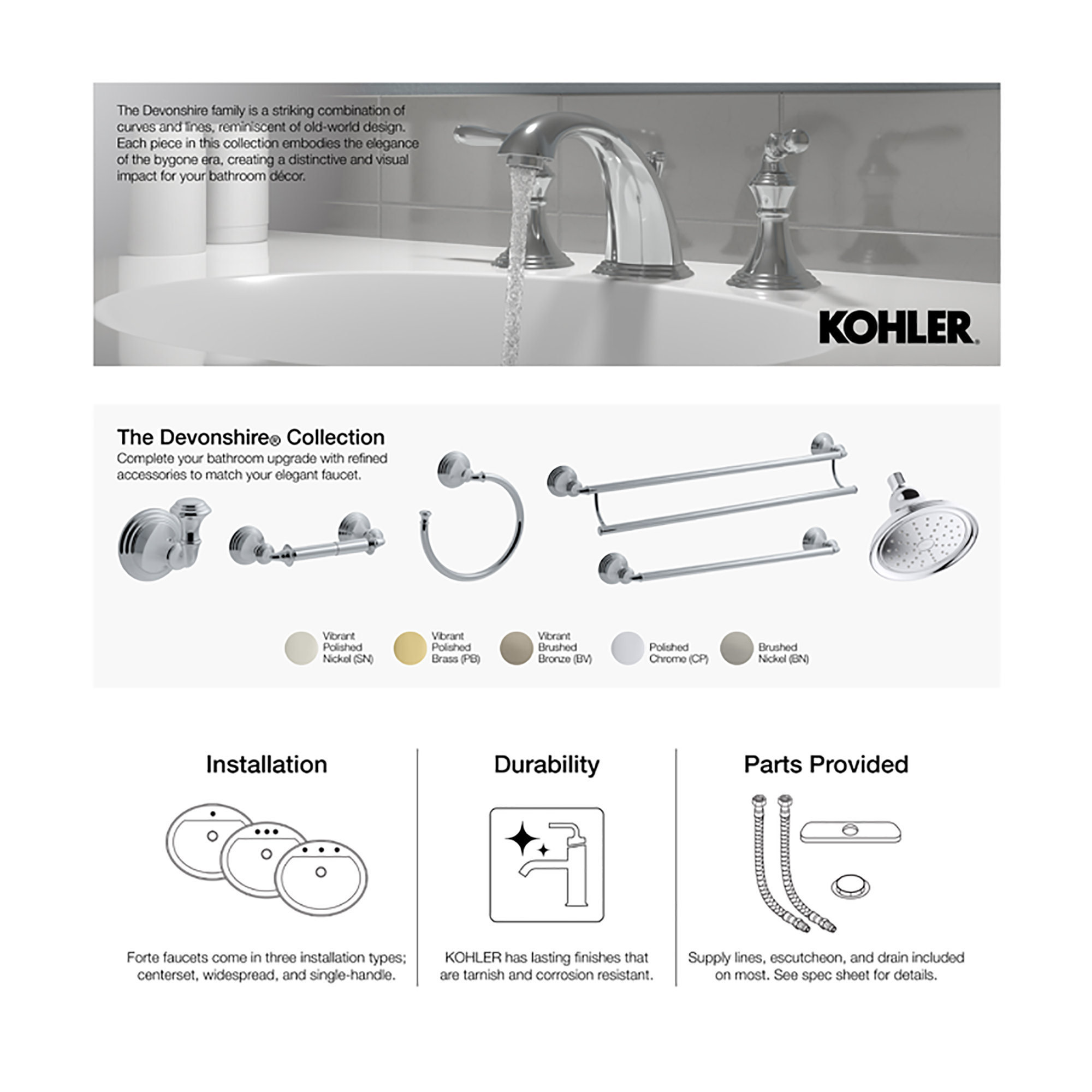 Kohler Devonshire Rite-Temp Bath and Shower Trim Set with Slip-Fit or NPT Spout, Valve Not Included, Vibrant Brushed Nickel