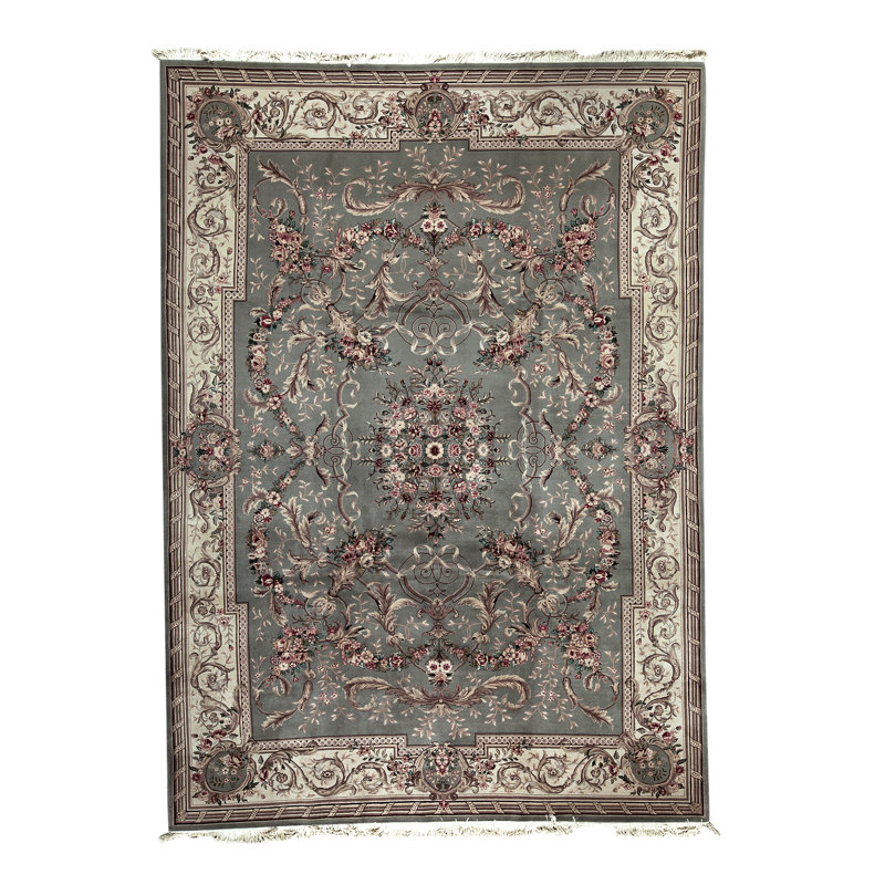 Tapis vert clair et crème noué à la main de haute qualité
