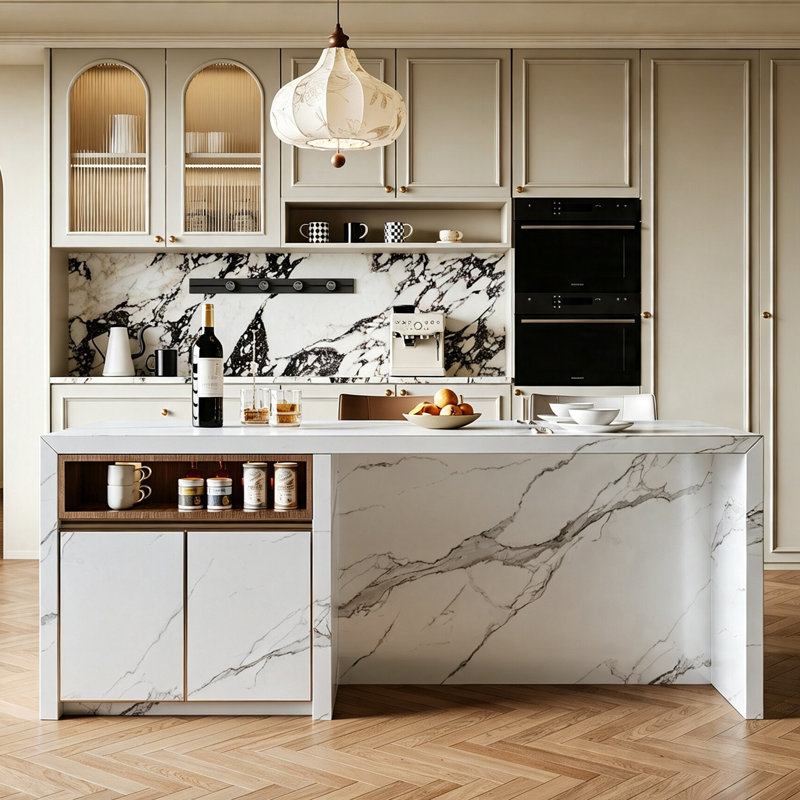 Îlot de cuisine en marbre blanc moderne avec armoire de rangement et tablettes ouvertes en bois, table de préparation entièrement assemblée et bar à déjeuner
