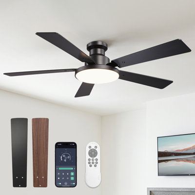 Vaczon 52" Smart Flush Mount LED Ceiling Fan with Remote & App, Low Profile Ceiling Fan with 3CCT Dimmable Light, Whisper-Quiet DC Motor, Double-Sided Blades