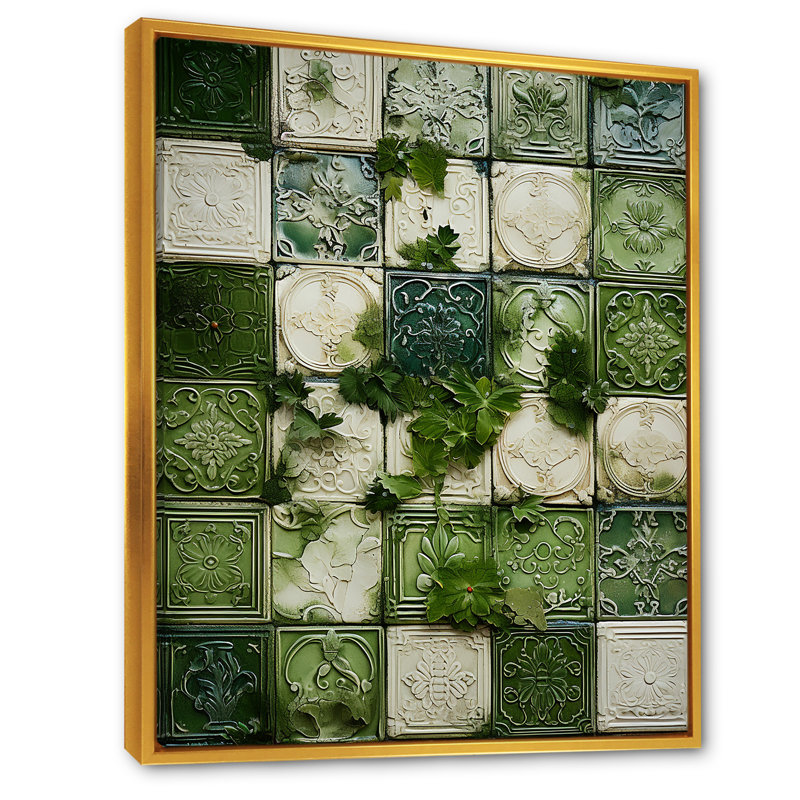 Carreaux floraux verts botaniques IV - Décoration murale abstraite en carreaux, Cadre flottant doré, H 32 po x l 16 po