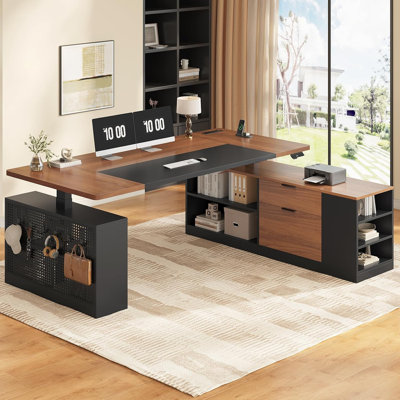 Bureau assis-debout en forme de L, bureau d'angle réglable de 180 cm avec tiroirs de rangement et panneau perforé, bureau électrique assis-debout avec prises électriques pour bureau à domicile, noyer
