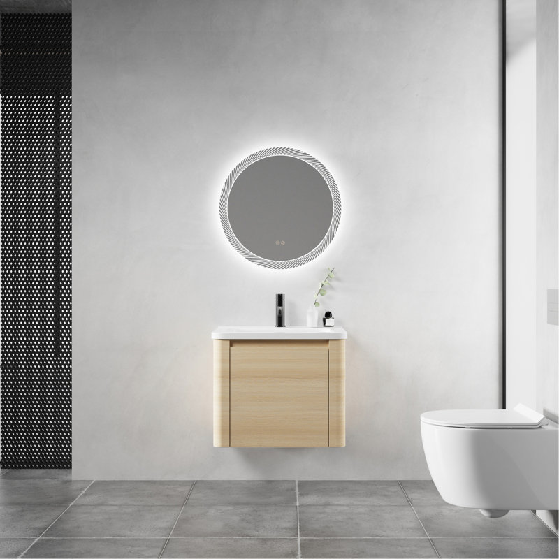 Meuble-lavabo de 61 cm (24 po) avec lavabo en céramique blanche, porte à fermeture amortie, emballage démonté, contreplaqué, chêne américain - Meuble-lavabo élégant, fermeture silencieuse, bords arrondis, nettoyage facile, style moderne, installation facile, résistant aux égratignures et