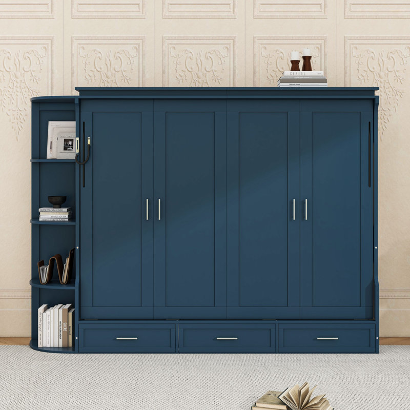 Lit escamotable en bois avec 3 tiroirs et tablettes ouvertes, Grand lit, Bleu