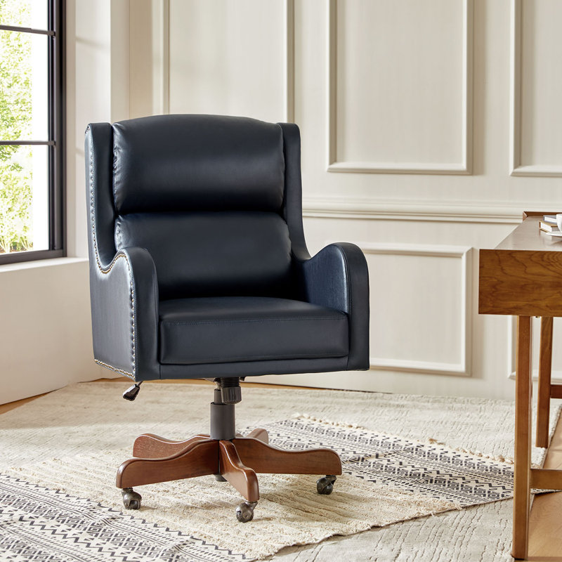 Lundgren Transitional 26.5" W Vegan Leather Tilting Executive Chair with Lumbar Support and Solid Base, Navy