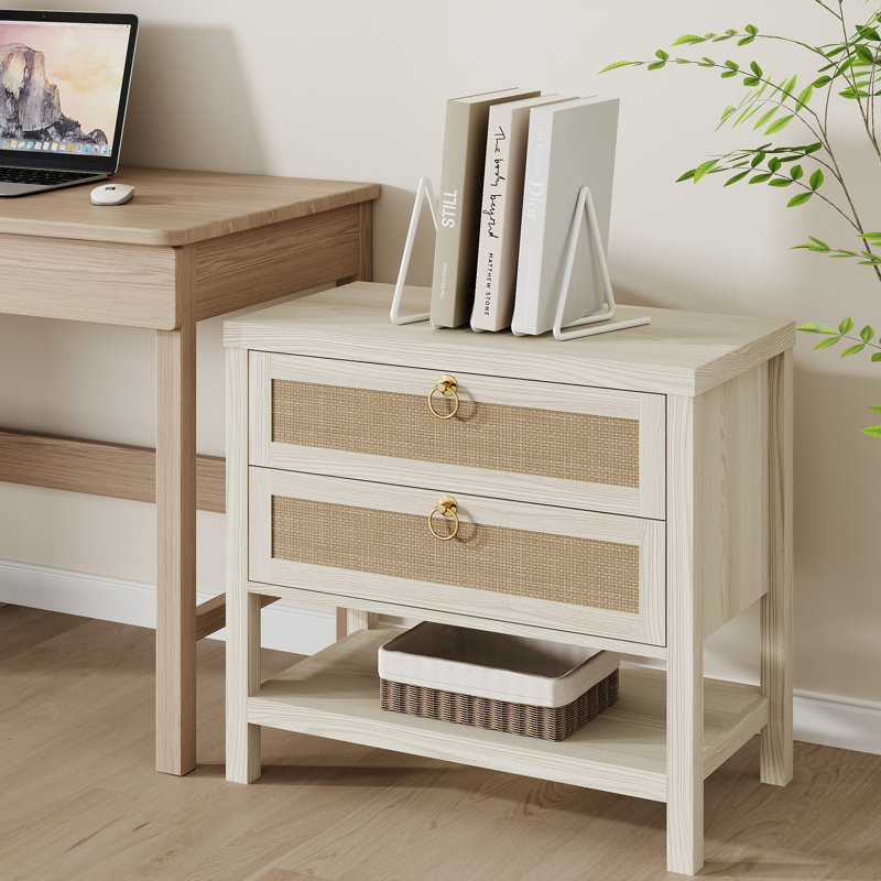 Boho Large Rattan Nightstands With 2 Drawers & 1 Shelf , White Cream Oak, Individual