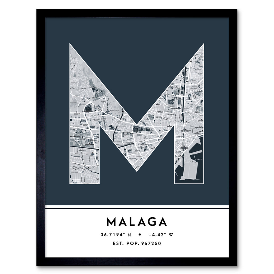 Malaga Spain City Map by Wee Blue Coo - Single Picture Frame Typography